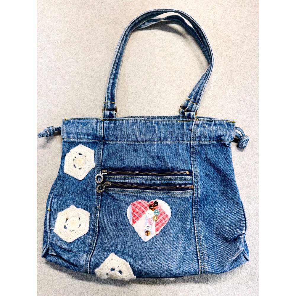 Vintage Shane Denim Tote Patchwork Heart Crochet Flowers Double Zip Pockets‎ Y2K